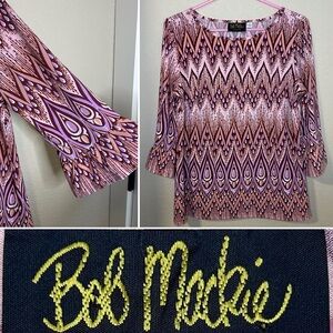 Bob Mackie Geometric Print Top Retro 70s Ruffle Sleeve Pink Purple Mod small
